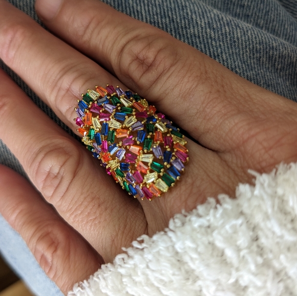 Jewelry | Nwt 925 Gold Plated Rainbow Color Crystal Ring | Poshmark